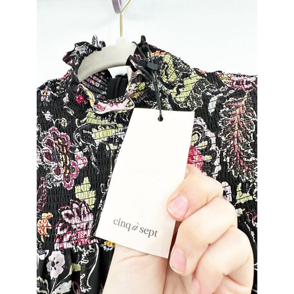 Cinq a Sept Paisley Long Sleeve Dress Black High Low Hem Mock Neck 00 - Picture 5 of 5